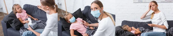 Collage de mujer joven en máscara médica dando servilleta y el uso de estetoscopio durante la enfermedad con su hija en casa - foto de stock