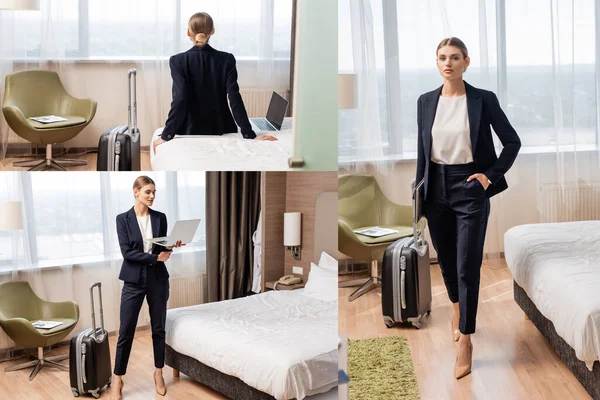 Collage of young businesswoman standing with hand in pocket and using laptop near travel bag in hotel room — Stock Photo