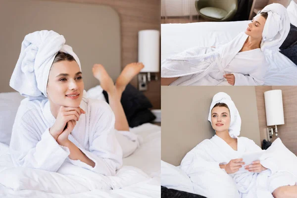 Collage de la femme en serviette et peignoir blanc couché sur le lit et en utilisant une tablette numérique — Photo de stock