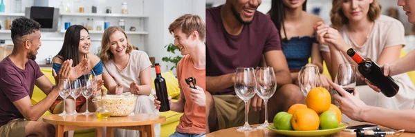 Collage de jeune homme versant du vin rouge près d'amis multiculturels excités, culture panoramique — Photo de stock