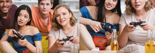 KYIV, UKRAINE - 28 липня 2020: колаж багатонаціональних друзів, що грають у відеоігри, панорамний постріл — стокове фото