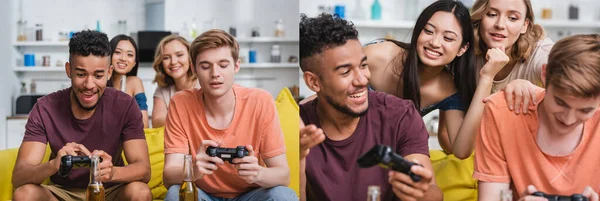 KYIV, UCRANIA - 28 de julio de 2020: collage de amigos multiétnicos jugando videojuegos durante la fiesta, imagen horizontal - foto de stock