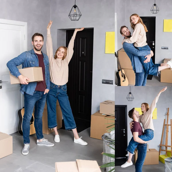 Collage de l'homme tenant dans les bras petite amie et boîte en carton, femme heureuse debout avec les mains au-dessus de la tête, concept de relocalisation — Photo de stock