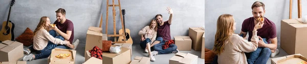 Collage de hombre y mujer agitando las manos cerca de la guitarra acústica y cajas y comiendo pizza - foto de stock