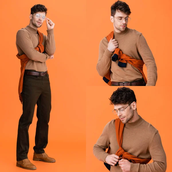 Collage de hombre de moda en traje de otoño tocando gafas y puente en naranja - foto de stock