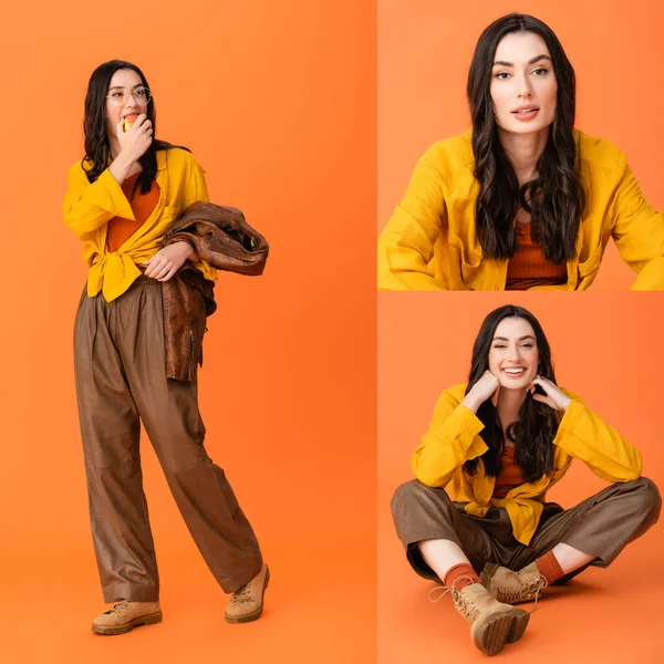 Collage einer trendigen Frau im Herbst-Outfit, die Apfel isst und in die Kamera auf Orange blickt — Stockfoto