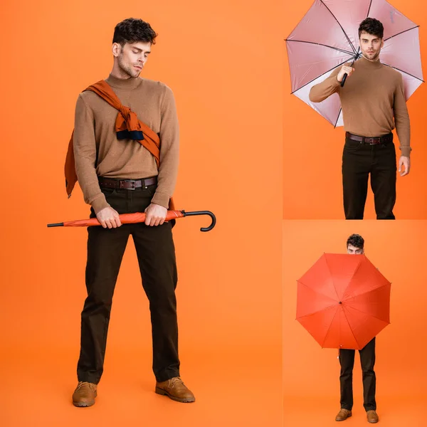 Collage de hombre de moda en traje de otoño y gafas con paraguas en naranja - foto de stock