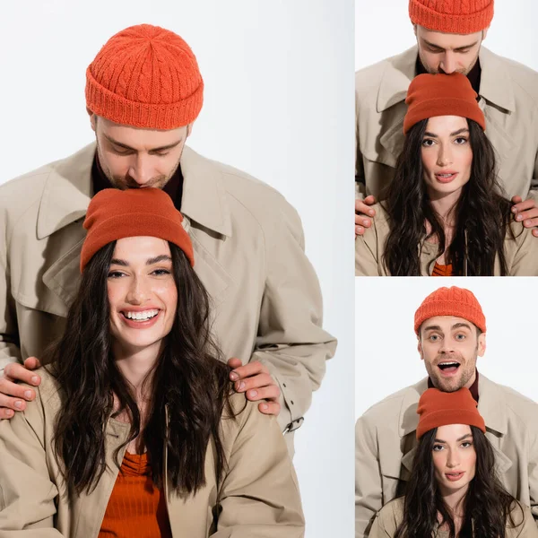 Collage di uomo alla moda in cappello beanie e trench baciare la testa della donna su bianco — Foto stock