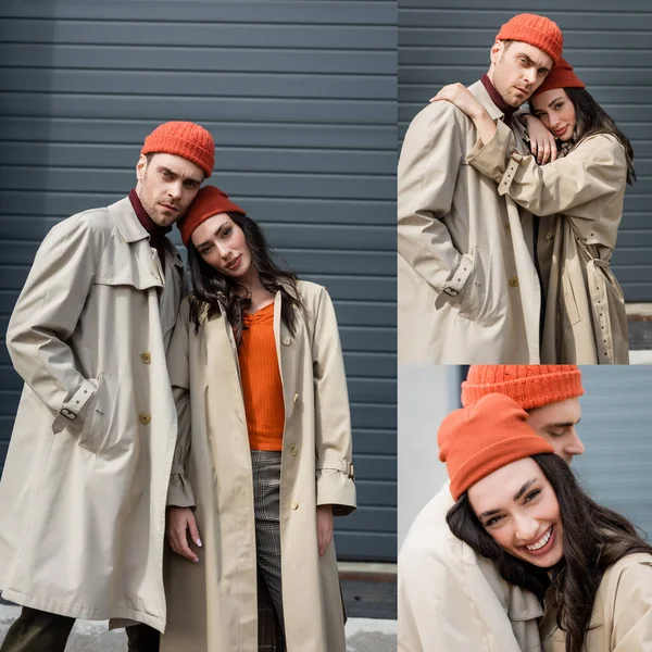 Collage de pareja con estilo en gorros y abrigos de trinchera posando al aire libre - foto de stock