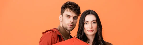 Panoramic crop of couple looking at camera isolated on orange — Stock Photo