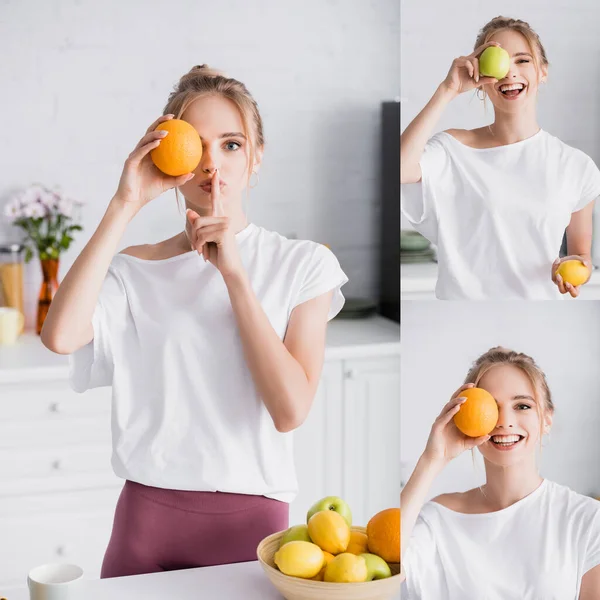 Collage de mujer rubia cubriendo ojo con naranja y manzana mientras muestra signo de silencio - foto de stock