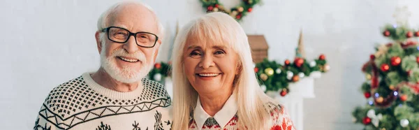 Joyeux couple de personnes âgées regardant la caméra avec arbre de Noël sur le fond, concept panoramique — Photo de stock