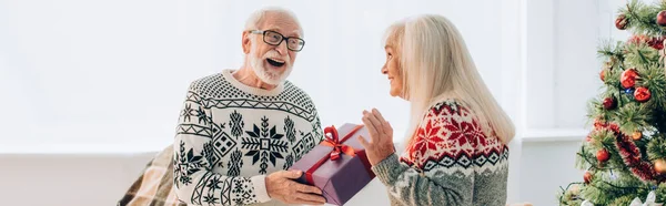 Горизонтальная концепция возбужденного пожилого мужчины, преподносящего счастливой жене рождественский подарок — стоковое фото