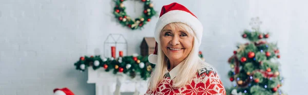 Panoramic shot of happy senior woman in santa hat looking at camera near christmas tree on background — Stock Photo