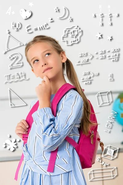 Dreamy schooldirl looking away near formulas illustration — Stock Photo