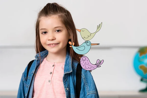 Schoolgirl with backpack looking at camera near birds illustration — Stock Photo