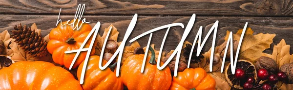 Top view of decoration with pumpkins near hello autumn lettering on brown wooden background, panoramic crop — Stock Photo