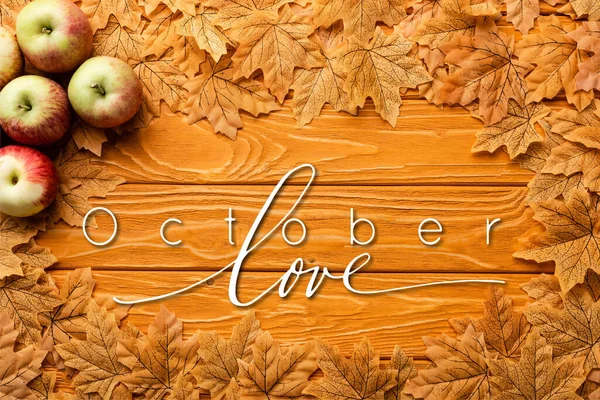 Vista superior de manzanas maduras y follaje otoñal cerca de letras de amor de octubre sobre fondo de madera - foto de stock