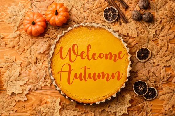 Top view of pumpkin pie with autumnal decoration near welcome autumn lettering on wooden background — Stock Photo