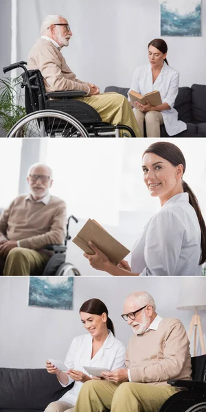 Collage di libro di lettura infermiere geriatrico a uomo disabile e guardando foto di famiglia insieme — Foto stock