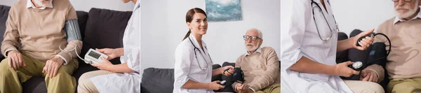 Collage di infermiere geriatrico che esamina l'uomo anziano con stetoscopio e tonometro a casa, banner — Foto stock