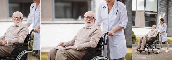 Collage eines behinderten Mannes im Rollstuhl, der mit einer Krankenschwester im Freien geht und in die Kamera blickt, Banner — Stockfoto