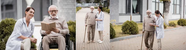 Collage del anciano leyendo libro y caminando con el trabajador social afuera, estandarte - foto de stock