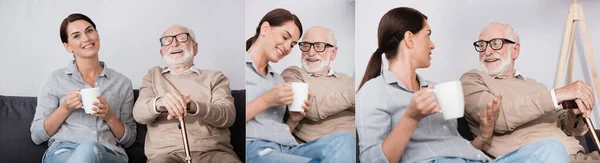 Collage einer fröhlichen Frau, die eine Tasse Tee hält und mit einem glücklichen, gealterten Vater spricht, Banner — Stockfoto