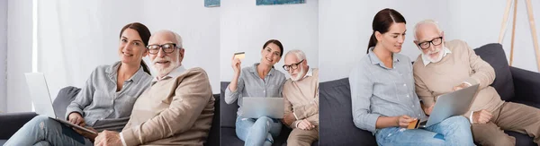 Collage de femme brune utilisant un ordinateur portable et tenant la carte de crédit près de père âgé à la maison, bannière — Photo de stock