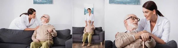 Collage di assistenti sociali che si prendono cura dell'anziano a casa, banner — Foto stock