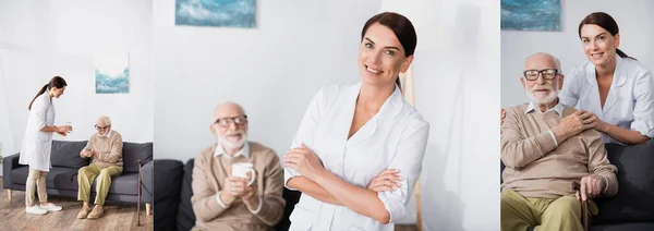 Collage of brunette geriatric nurse caring about aged man and looking at camera, banner — Stock Photo
