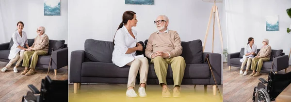 Collage di assistente sociale e anziano che parlano mentre sono seduti sul divano a casa, banner — Foto stock