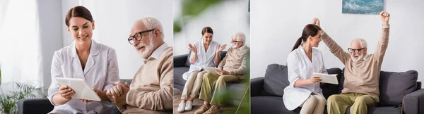 Collage de trabajador social mostrando tableta digital al hombre anciano mientras muestra gesto ganador, bandera - foto de stock