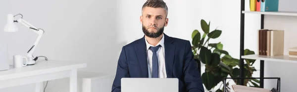 Бизнесмен в формальной одежде смотрит в камеру возле ноутбука в офисе, баннер — стоковое фото