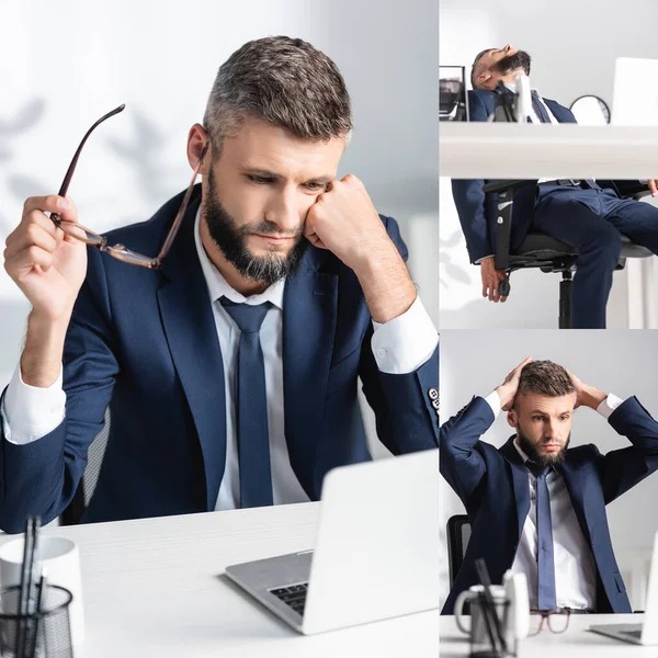 Collage de hombre de negocios cansado sentado cerca de la computadora portátil en primer plano borroso en la oficina - foto de stock