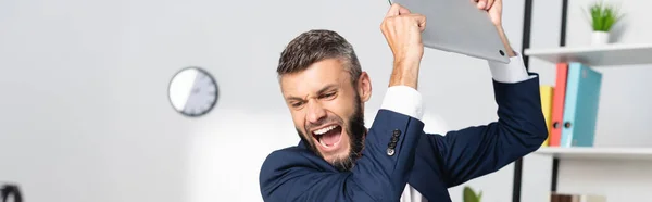 Hombre de negocios enojado sosteniendo el ordenador portátil mientras grita en la oficina, bandera - foto de stock