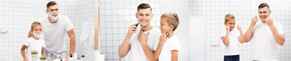 Colagem de pai com espuma de barbear em pé perto do filho, barbear com navalha elétrica, usando fio dental no banheiro, bandeira — Fotografia de Stock
