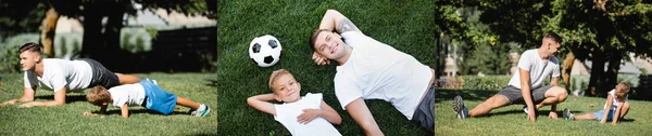 Collage di padre e figlio in abbigliamento sportivo sdraiato sull'erba vicino alla palla, facendo tavole e affondi nel parco, banner — Foto stock