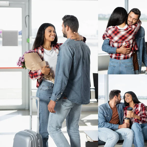 Collage de mujer afroamericana feliz con flores envueltas, abrazando novio y sosteniendo vasos de papel en el aeropuerto - foto de stock