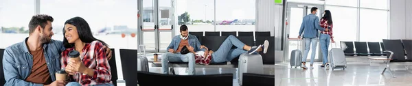 Collage de heureuse femme afro-américaine couchée près de l'homme barbu, tenant du café pour aller et marchant avec des bagages dans le salon de départ — Photo de stock