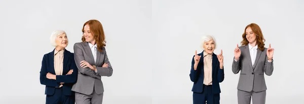 Collage of smiling businesswomen looking at each other isolated on grey — Stock Photo