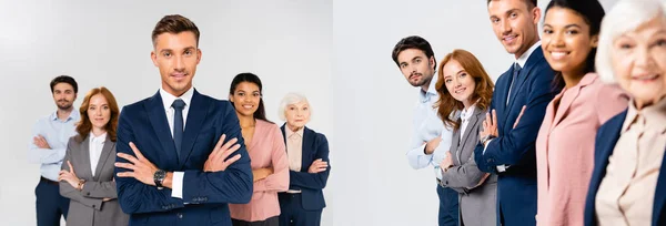 Collage of smiling multiethnic businesspeople with crossed arms looking at camera isolated on grey, banner — Fotografia de Stock
