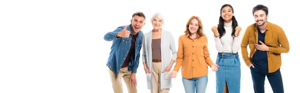 Joyeuses personnes multiethniques gesticulant isolées sur blanc, bannière — Photo de stock