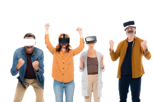 Cheerful people in vr headsets showing yeah gesture isolated on white — Stock Photo