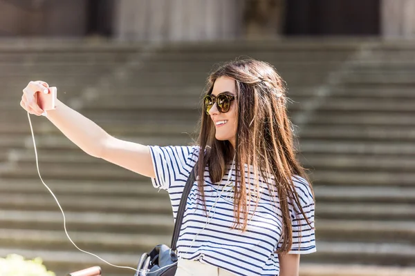 Portrait Attractive Smiling Woman Earphones Taking Selfie Smartphone Street — Stock Photo, Image