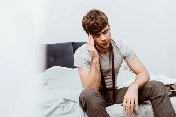 Handsome Young Businessman Belt Neck Sitting Bed Having Headache Home — Stock Photo, Image