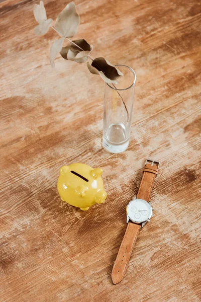 Vista Ângulo Alto Banco Piggy Amarelo Relógio Vaso Com Filial — Fotografia de Stock Grátis