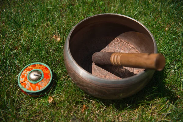 Чаша с тибетским пением на зеленой траве в парке — стоковое фото