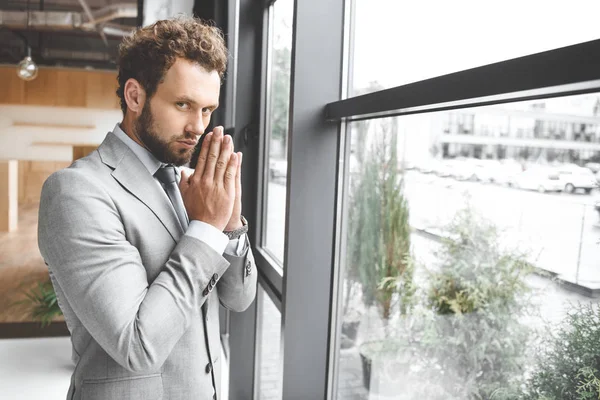 Portrait Caucasian Businessman Standing Window Office Praying Stock Picture
