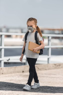 kitapla köprüde, hava kirliliği kavram yürümeye koruyucu maske çocuk